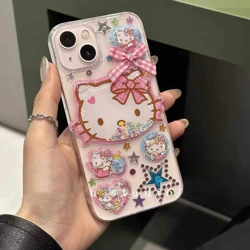 流沙星星Kitty猫可爱蝴蝶结适用苹果15 14 13pro手机壳iPhone11立体12mini软壳xsmax卡通8p滴胶SE3保护套少女