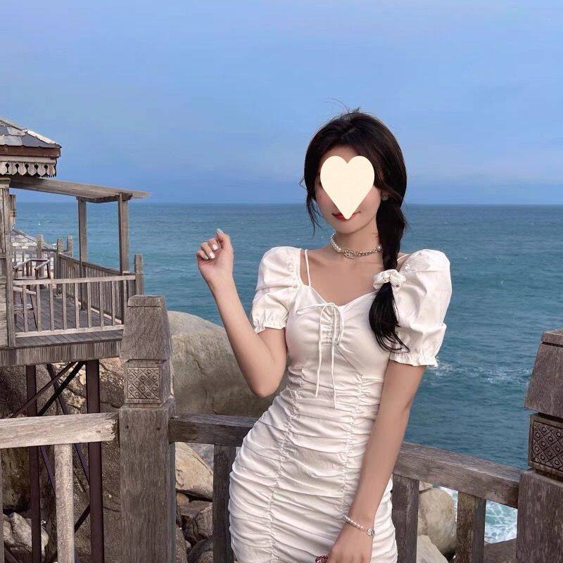 夏季2024新款韩版气质法式轻熟风泡泡袖褶皱抽绳修身显瘦连衣裙女