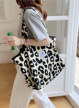 16291 洋气米豹纹托特包大容量动物纹帆布单肩包手提女学生购物袋
