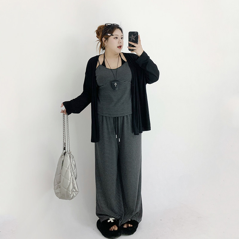 Milu家大码女装春夏慵懒宽松条纹吊带背心阔腿裤开衫胖mm显瘦套装