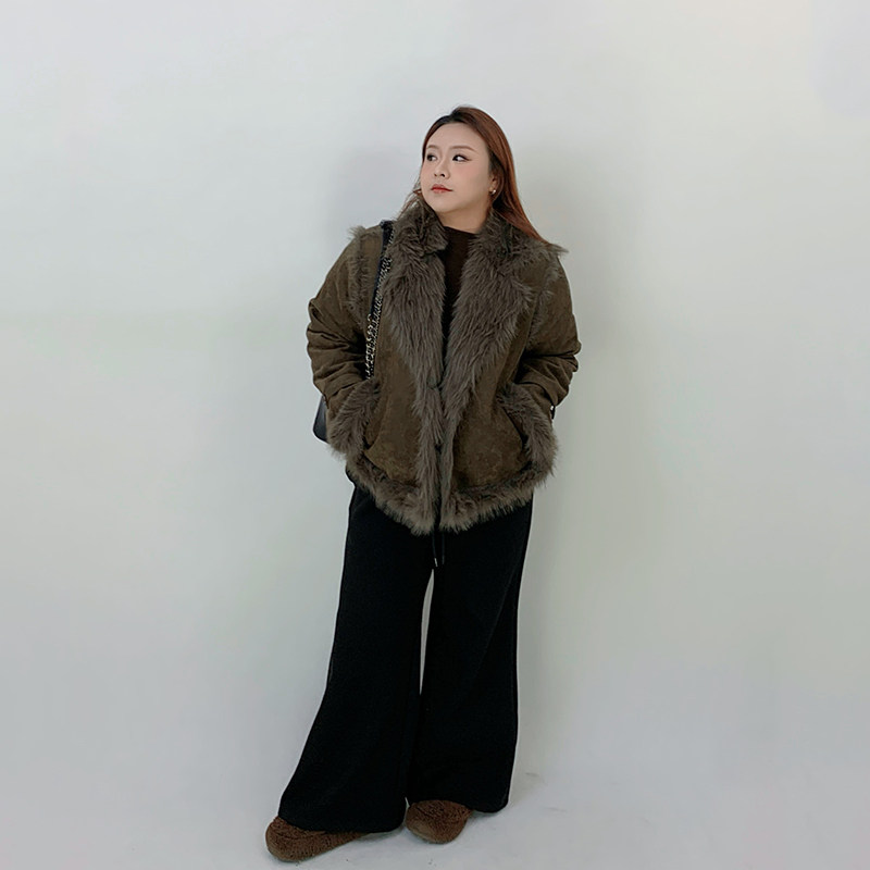 Milu家大码女装冬季皮毛一体短款机车派克棉服胖mm显瘦毛毛外套潮