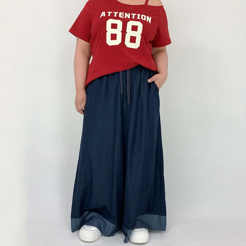 Milu家大码女装夏季高腰薄款深蓝色宽松拖地垂感阔腿裤胖mm显瘦潮