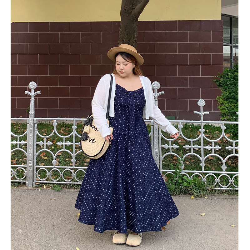 Milu家大码女装夏季度假波点a字吊带长款连衣裙开衫胖mm显瘦套装