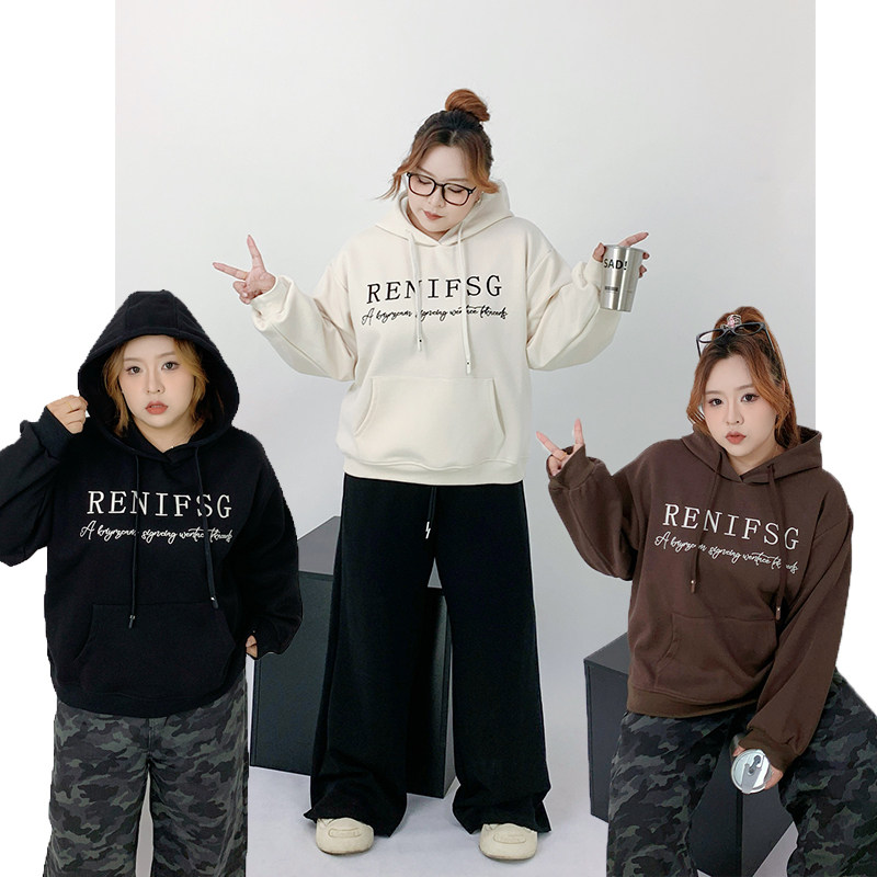 Milu家大码女装秋冬季美式复古字母刺绣宽松连帽卫衣胖mm显瘦上衣