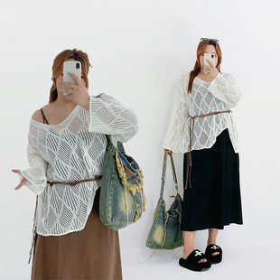 Milu家大码女装秋季波西米亚v领镂空针织罩衫吊带裙胖mm显瘦套装