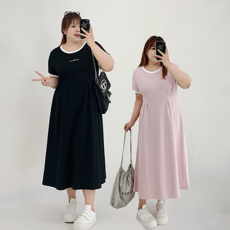 Milu家大码女装夏季休闲运动长款过膝连衣裙胖mm显瘦收腰小黑裙潮