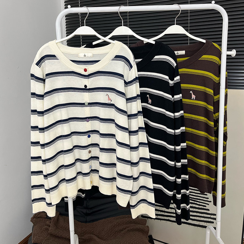 Milu家大码女装春季薄款条纹圆领刺绣宽松显瘦针织衫胖mm百搭开衫