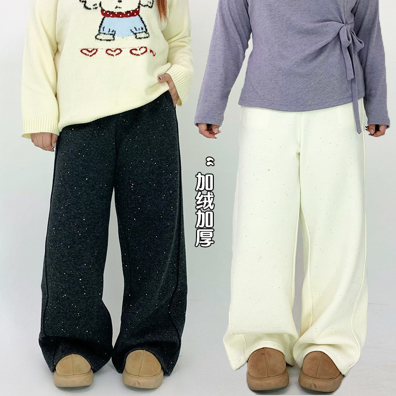 Milu家大码女装冬季高腰加绒亮片休闲直筒糯米阔腿裤胖mm显瘦百搭,女装/女士精品,棉裤/羽绒裤,淘宝优惠券,粉丝福利购,淘宝优惠卷