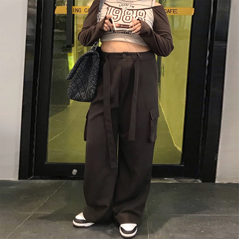 Milu家大码女装美式复古高腰宽松休闲工装裤阔腿拖地胖mm200斤潮