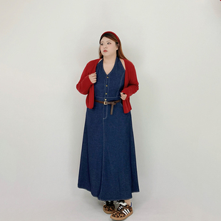 Milu家大码女装春季港风复古挂脖长款牛仔连衣裙开衫胖mm显瘦套装