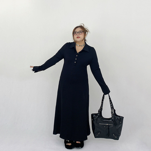 Milu家大码女装秋冬季内搭收腰显瘦打底长款连衣裙胖mm显瘦小黑裙