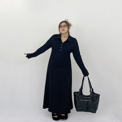 Milu家大码女装秋冬季内搭收腰显瘦打底长款连衣裙胖mm显瘦小黑裙