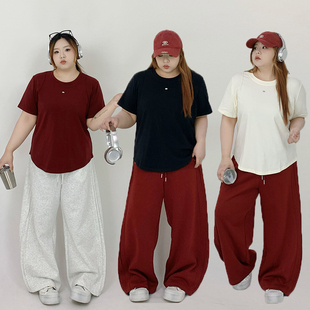 Milu家大码女装夏季纯色圆领正肩短袖t恤胖mm百搭显瘦基础款上衣