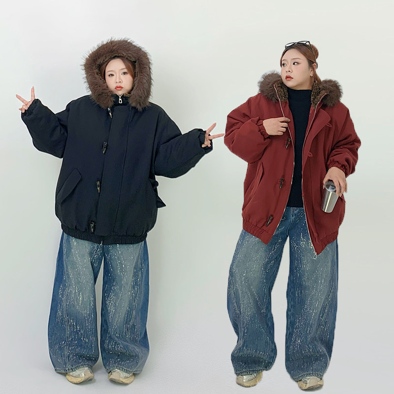 Milu家大码女装冬季韩系宽松毛领牛角扣派克棉服胖mm显瘦保暖外套