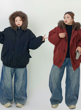 Milu家大码女装冬季韩系宽松毛领牛角扣派克棉服胖mm显瘦保暖外套