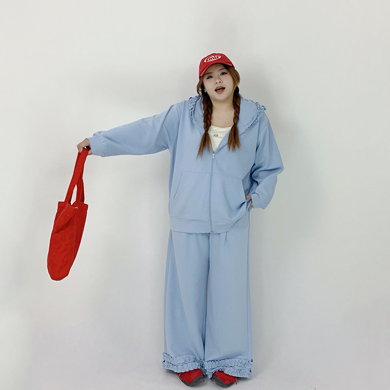 Milu家大码女装春季休闲木耳边连帽卫衣开衫阔腿裤胖mm显瘦套装潮