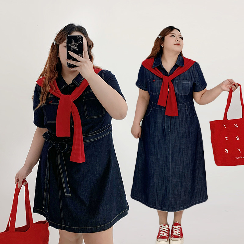 Milu家大码女装春夏季刺绣收腰胖mm显瘦长款a字过膝牛仔连衣裙潮