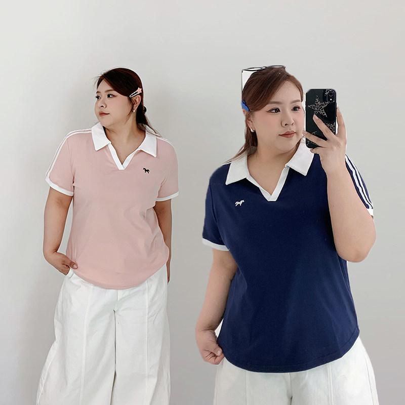 Milu家大码女装夏季美式两条杠减龄V领正肩短袖t恤胖mm显瘦上衣潮