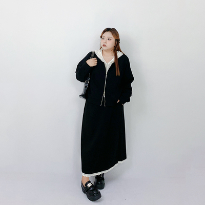 Milu家大码女装秋季蕾丝拼接假两件卫衣a字半身裙胖mm显瘦套装潮