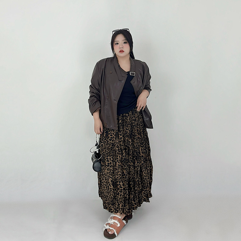 Milu家大码女装秋季美式复古宽松机车短款美拉德胖mm显瘦皮衣外套