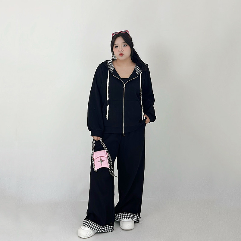 Milu家大码女装秋季休闲宽松拼接连帽卫衣外套阔腿裤胖mm显瘦套装