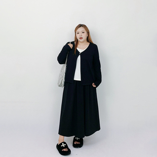 Milu家大码女装秋季假两件V领针织衫a字半身裙胖mm显瘦纸片人套装