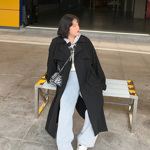 milu家大码春季新款英伦风气质韩版宽松流行中长款风衣外套胖mm女