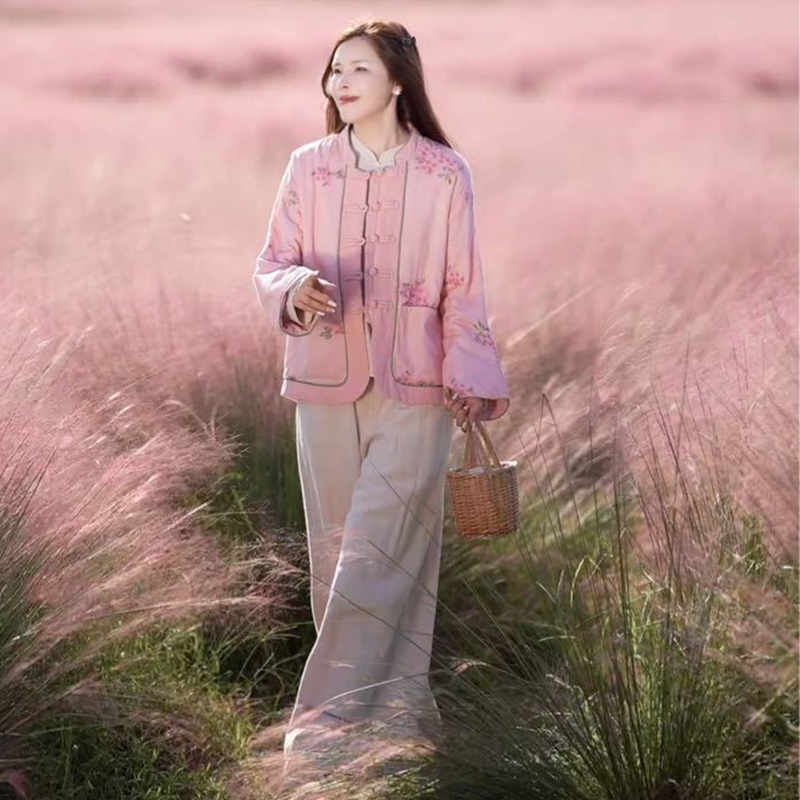 复古纯苎麻拼亚麻重工刺绣小立领加棉棉服外套