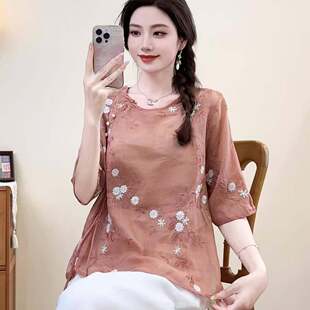 新中式风刺绣衬衫女五分袖圆领文艺气质竺麻小衫上衣