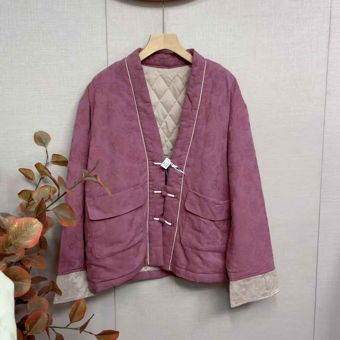 复古盘扣棉麻提花V领夹棉加厚保暖棉服女文艺大码新中式国风上衣