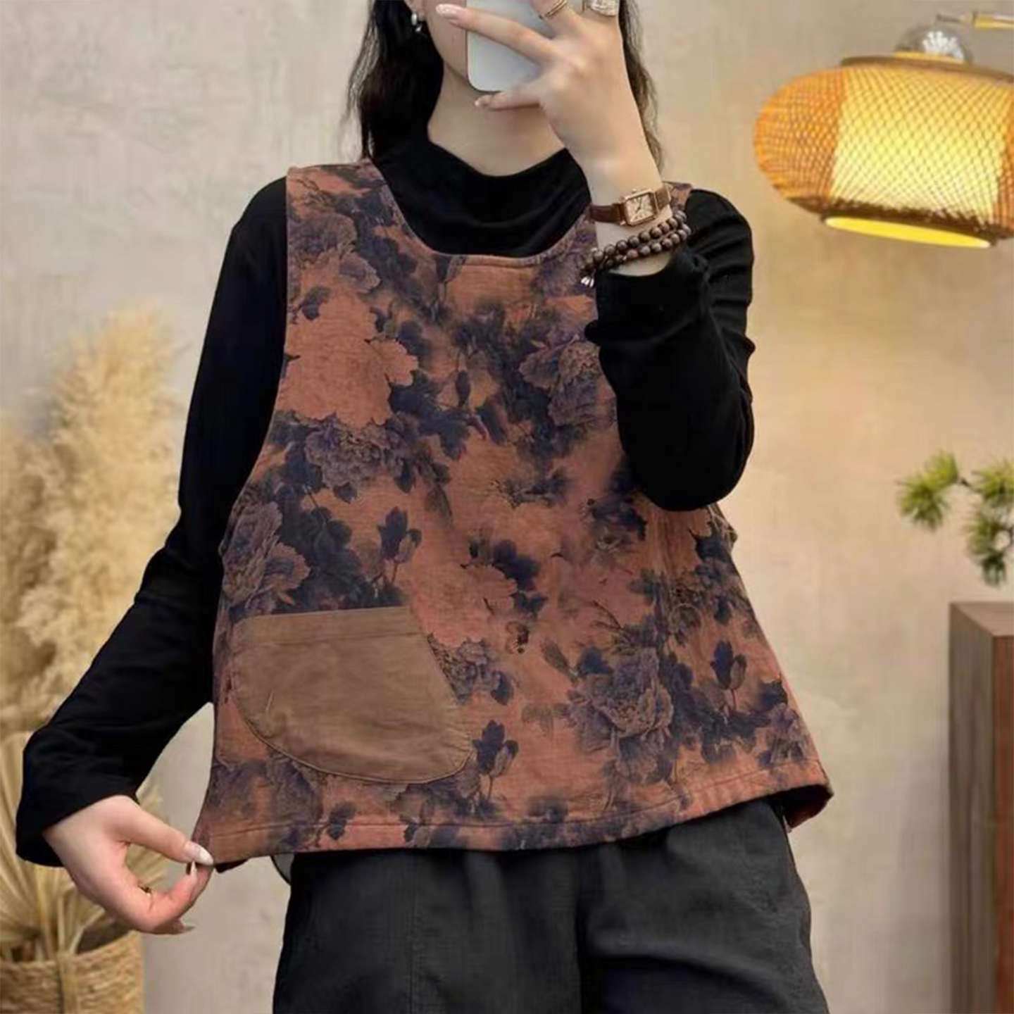 复古双层棉纱内里包边民族风印花马甲女秋文艺国风套头坎肩外搭