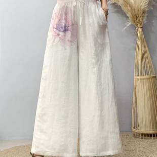 复古印花苎麻阔腿裤 休闲百搭 女松紧腰宽松系带九分裤