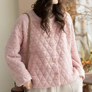 复古菱格压线夹薄棉圆领小棉衣女秋冬文艺大码显瘦百搭休闲外套