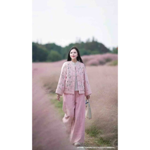 复古盘扣苎麻刺绣夹棉保暖棉服女冬文艺大码显瘦国风小棉袄