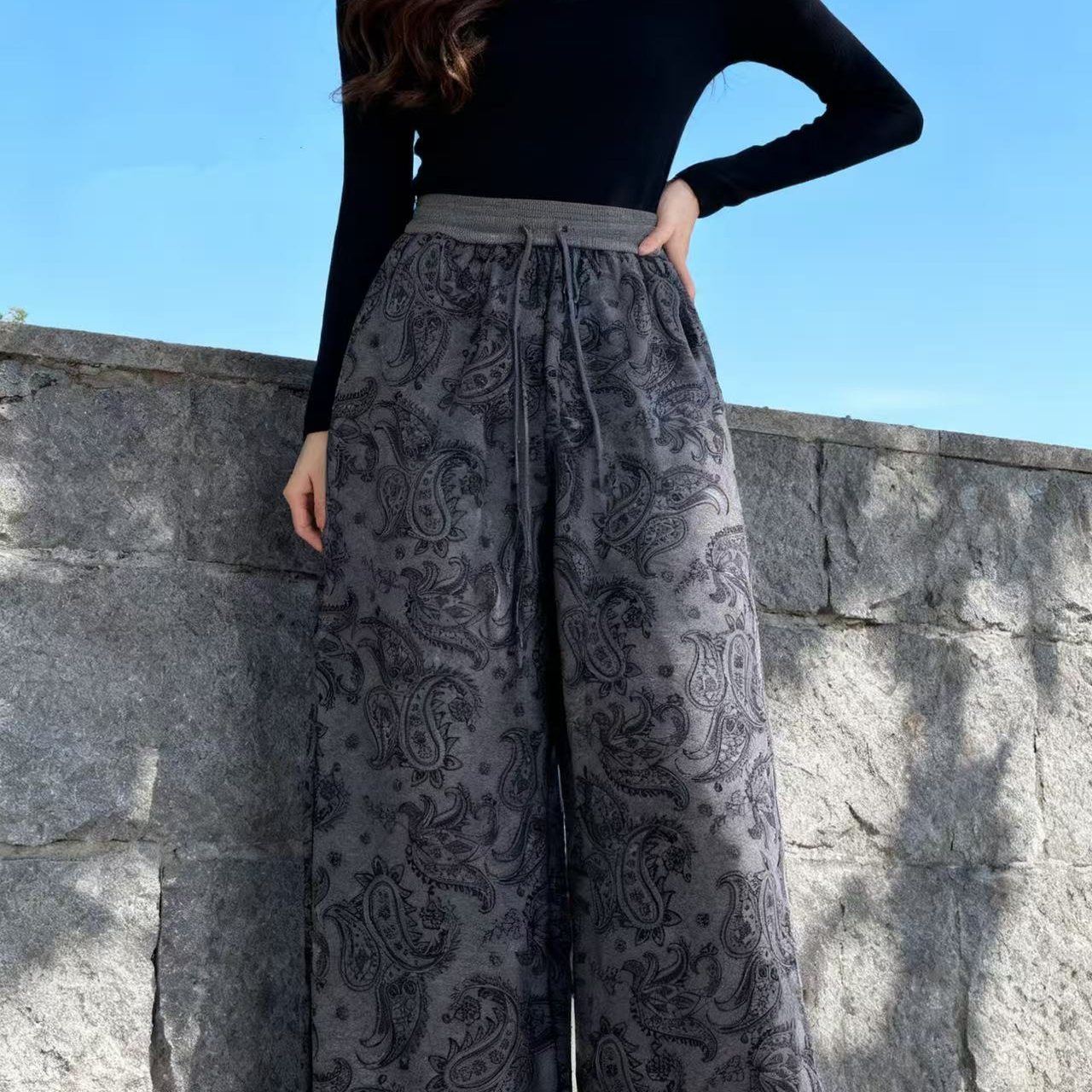 复古松紧腰印花加绒加厚弯刀阔腿裤女冬新款文艺百搭显瘦休闲裤