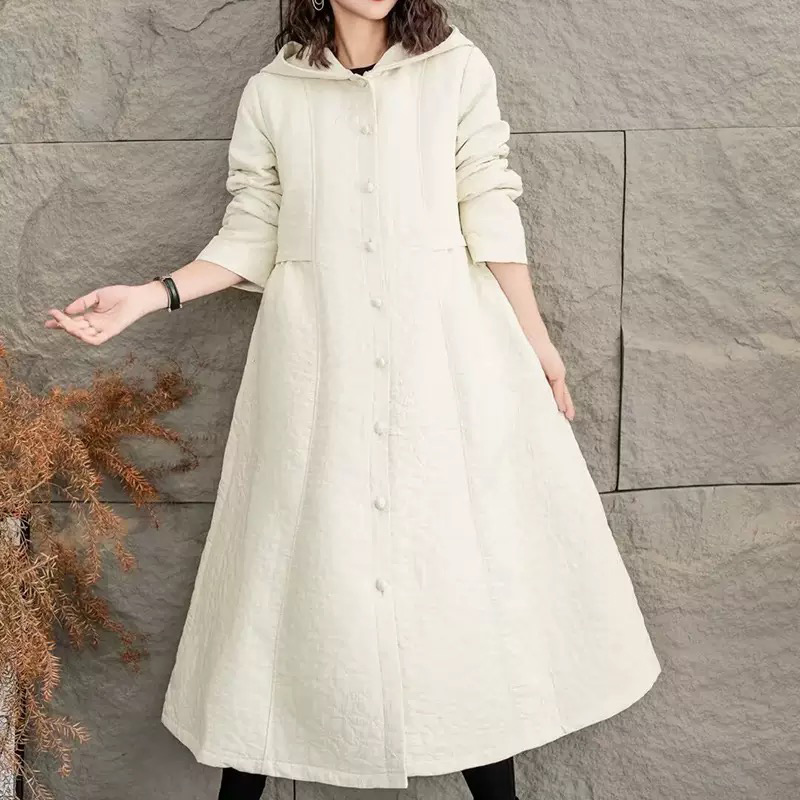 复古提花加厚中长款连帽风衣女秋冬新款文艺大码显瘦国风外套