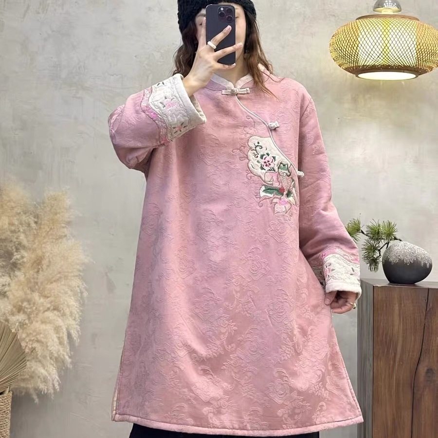 复古盘扣棉麻提花刺绣加绒加厚国风新中式中长款连衣裙,女装/女士精品,连衣裙,淘宝优惠券,粉丝福利购,淘宝优惠卷