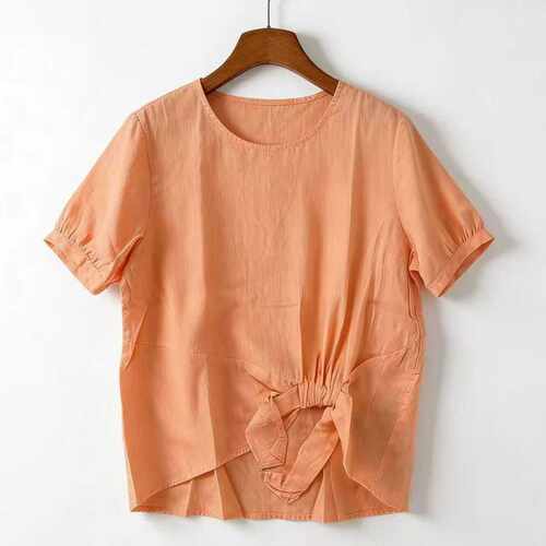 复古圆领亚麻蝴蝶结捏褶女夏文艺大码宽松百搭显瘦上衣