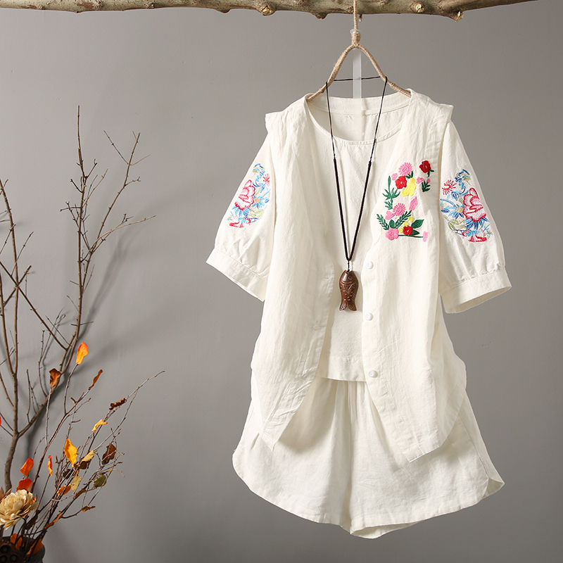 畫續原創 2018夏季新品 文藝復古棉麻重工刺繡無袖馬甲寬松短褲Y