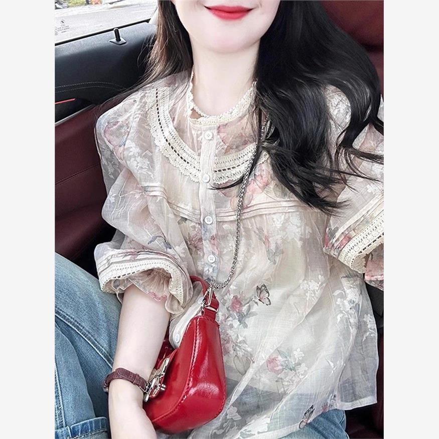 女装2025春季新款轻奢高级感蕾丝碎花衬衫女雪纺娃娃衫泡泡袖上衣