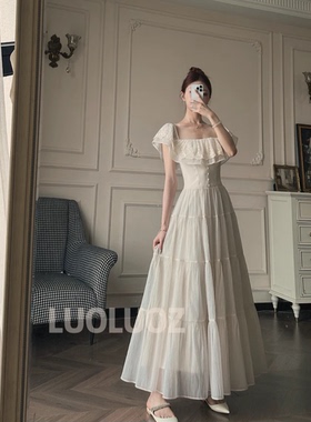 LUOLUOZ【仙荷白韵】一字肩荷叶边显瘦温柔风长款连衣裙JF1473