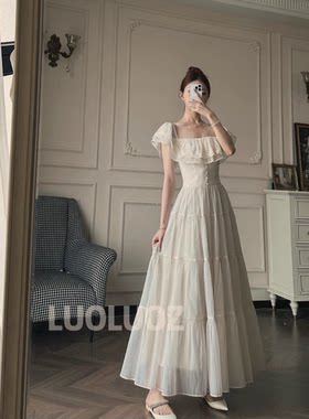 LUOLUOZ【仙荷白韵】一字肩荷叶边显瘦温柔风长款连衣裙JF1473
