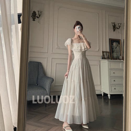LUOLUOZ【仙荷白韵】一字肩荷叶边显瘦温柔风长款连衣裙JF1473