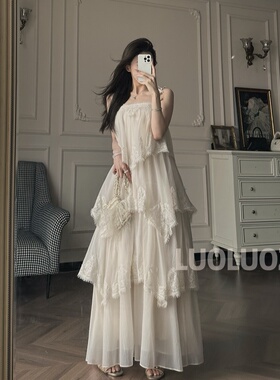 LUOLUOZ【仙气唯美】法式蕾丝吊带超仙氛围感度假长款连衣裙JF121