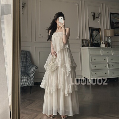 LUOLUOZ【仙气唯美】法式蕾丝吊带超仙氛围感度假长款连衣裙JF121