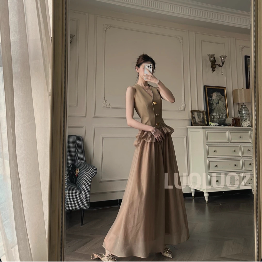 LUOLUOZ【垂雾棕影】法式复古收腰马甲网纱长裙两件套显瘦高级感