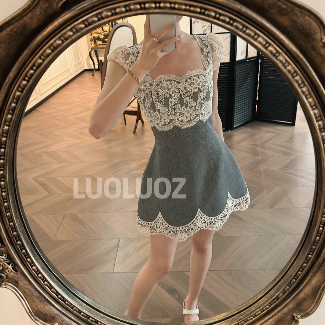 LUOLUOZ【蕾丝灰屿】高级感灰撞白蕾丝镂空短款夏季连衣裙JF1412