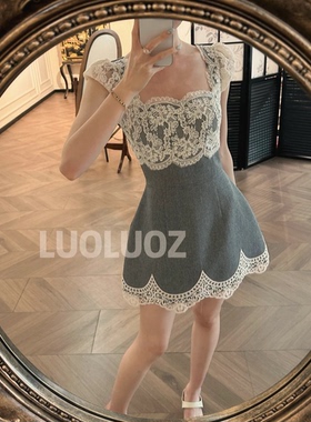 LUOLUOZ【蕾丝灰屿】高级感灰撞白蕾丝镂空短款夏季连衣裙JF1412