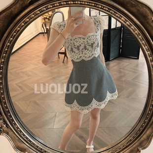 LUOLUOZ【蕾丝灰屿】高级感灰撞白蕾丝镂空短款夏季连衣裙JF1412