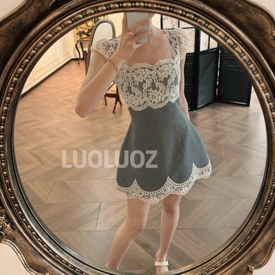 LUOLUOZ【蕾丝灰屿】高级感灰撞白蕾丝镂空短款夏季连衣裙JF1412